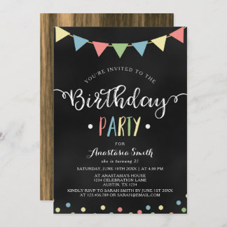 Chalkboard Colorful Bunting Flags Kindergeburtstag Einladung