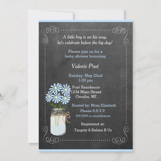 Chalkboard Country Mason Jar Blue Flowers Baby Einladung (Vorderseite)
