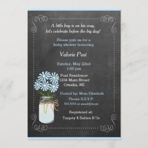 Chalkboard Country Mason Jar Blue Flowers Baby Einladung