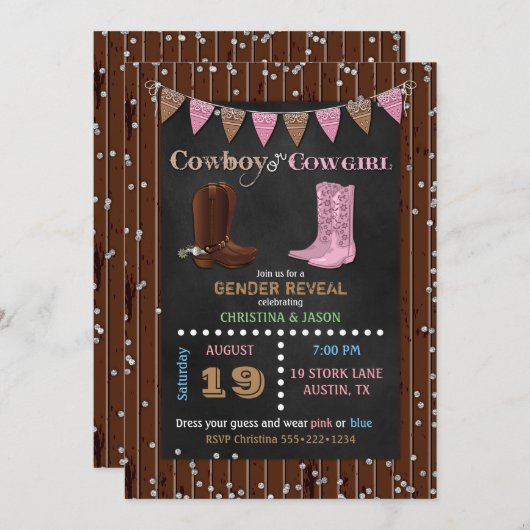 Chalkboard Cowboy oder Cowgirl Western Gender Reve Einladung (Vorne/Hinten)