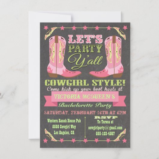 Chalkboard Cowgirl Western Junggeselinnen-Abschied Einladung (Vorderseite)