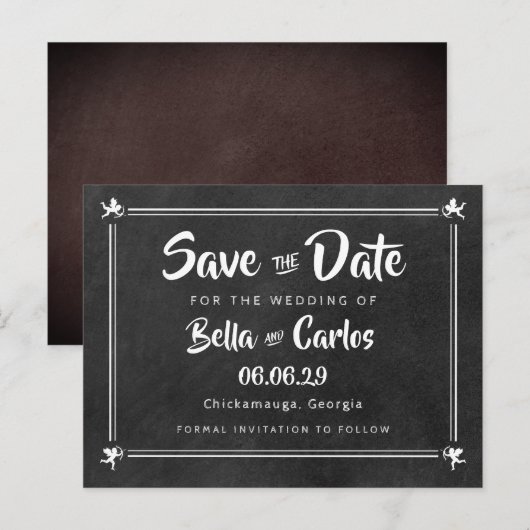 Chalkboard Cupids Save the Date Postkarte (Vorne/Hinten)