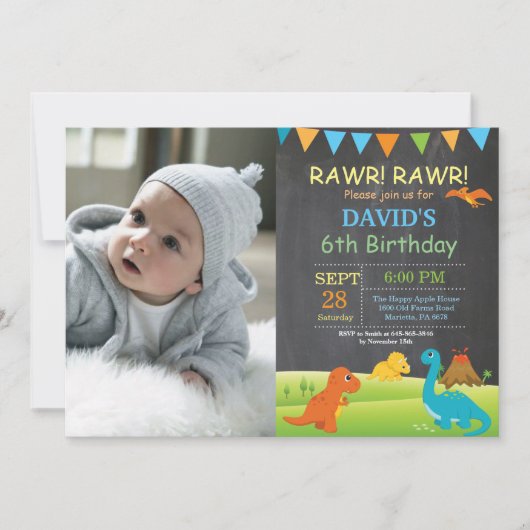 Chalkboard Dinosaur Birthday Invitation Dino Party Einladung (Vorderseite)