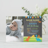 Chalkboard Dinosaur Birthday Invitation Dino Party Einladung (Stehend Vorderseite)