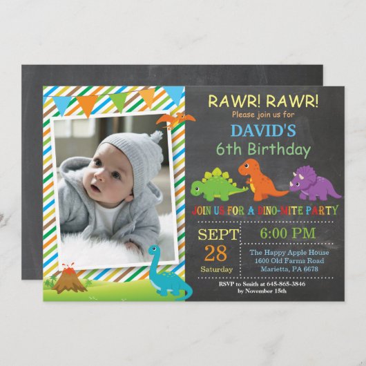 Chalkboard Dinosaur Birthday Invitation Dino Party Einladung (Vorne/Hinten)