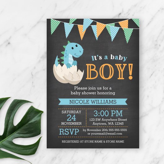 Chalkboard Dinosaur Boy Baby Shower Einladungen