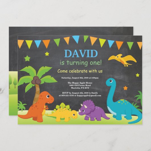 Chalkboard Dinosaur Geburtstag Einladung Dino Part (Vorne/Hinten)