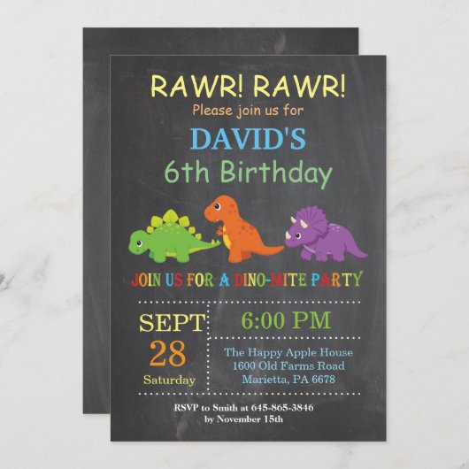 Chalkboard Dinosaur Geburtstag Einladung Dino Part (Vorne/Hinten)