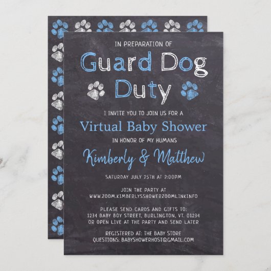 Chalkboard Dog Blue Boy Virtual Baby Dusche Einladung (Vorne/Hinten)