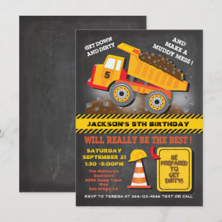 Chalkboard Dump Truck Construction Birthday Party Einladung