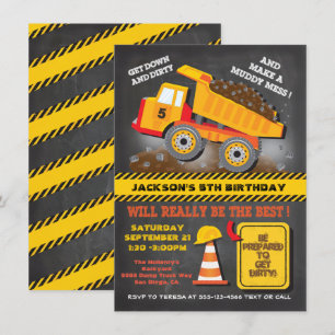 Chalkboard Dump Truck Construction Birthday Party Einladung