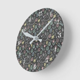 Chalkboard Easter Bunny Doodle Pattern Runde Wanduhr