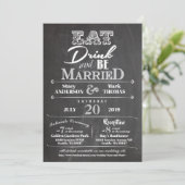 Chalkboard Eat Drink und Verheiratete Hochzeitsrei Einladung (Stehend Vorderseite)