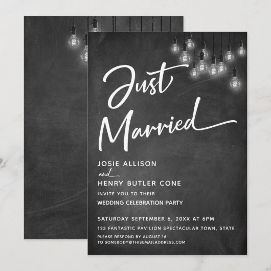 Chalkboard Edison Lights Modern Just Married Einladung (Vorne/Hinten)