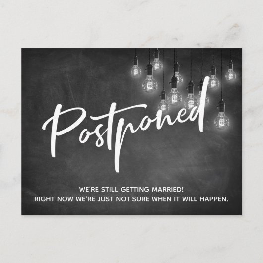 Chalkboard Edison Lights Postponed Wedding Postkarte (Vorderseite)
