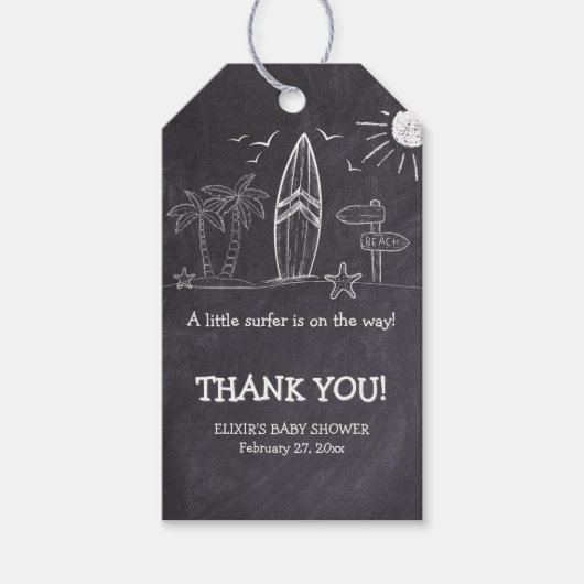 Chalkboard ein kleines Surfer Baby Dusche Geschenkanhänger (Vorderseite)