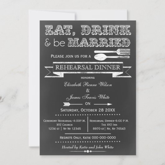 Chalkboard Ess Drink Probe Dinner lädt ein Einladung (Vorderseite)