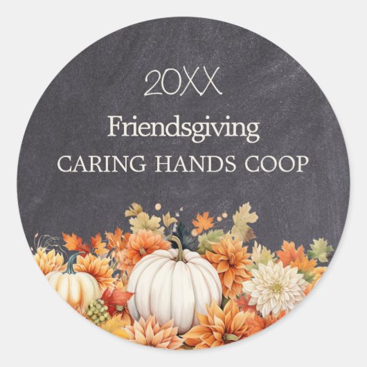 Chalkboard Fall Pumpkin Floral Friendsgiving Year Runder Aufkleber (Vorderseite)