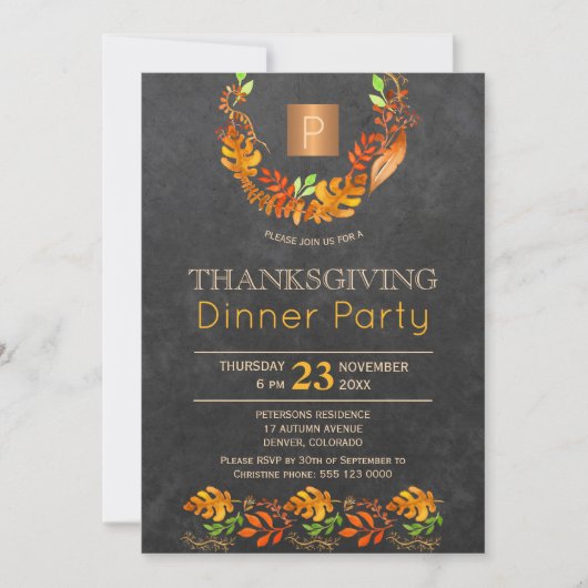 Chalkboard Falldraht Monogramm Erntedank Party Einladung (Vorderseite)