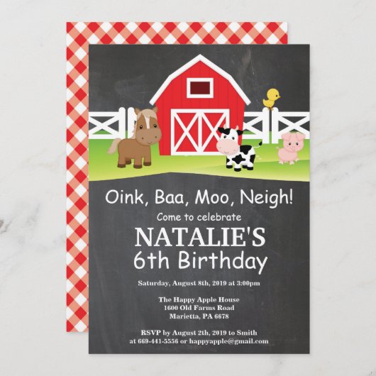 Chalkboard Farm Birthday Invitation Barnyard Party Einladung (Vorne/Hinten)