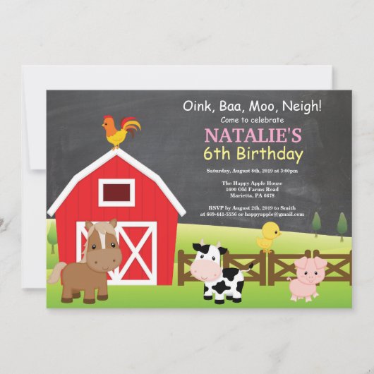 Chalkboard Farm Birthday Invitation Barnyard Party Einladung (Vorderseite)