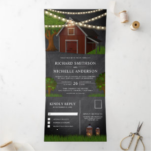 Chalkboard Farm Red Barn String Lights Hochzeit Dreifach Gefaltete Einladung