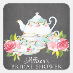 Chalkboard Floral Bridal Tee Party Umschlag Aufkle Quadratischer Aufkleber