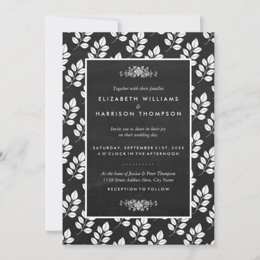 Chalkboard Floral Leaf Wedding Einladung (Vorderseite)