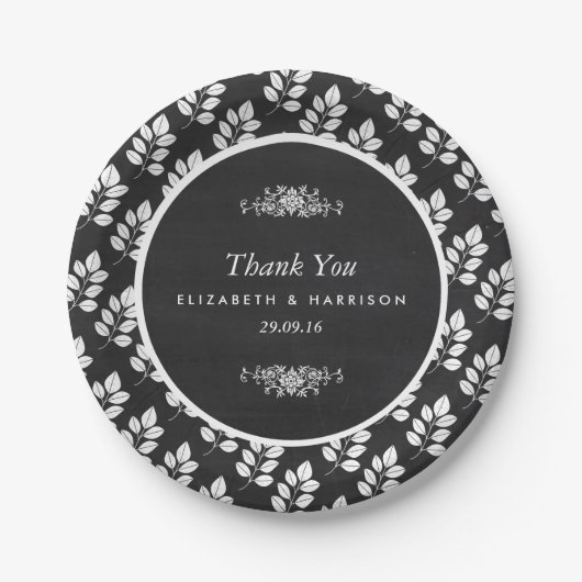 Chalkboard Floral Leaf Wedding Pappteller (Vorderseite)