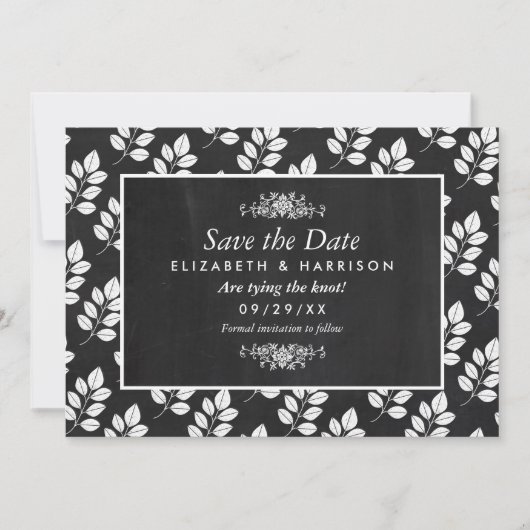 Chalkboard Floral Leaf Wedding Save The Date (Vorderseite)