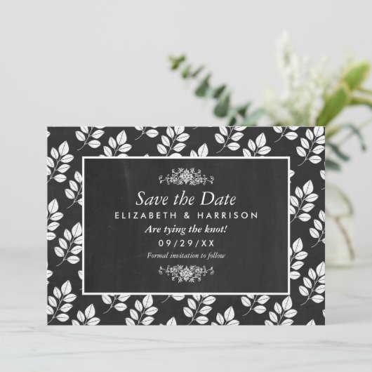 Chalkboard Floral Leaf Wedding Save The Date (Stehend Vorderseite)