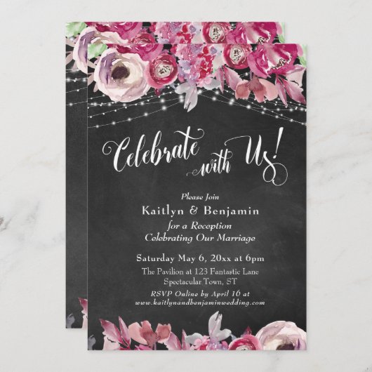 Chalkboard Floral Lights feiern mit uns! Feier Einladung (Vorne/Hinten)