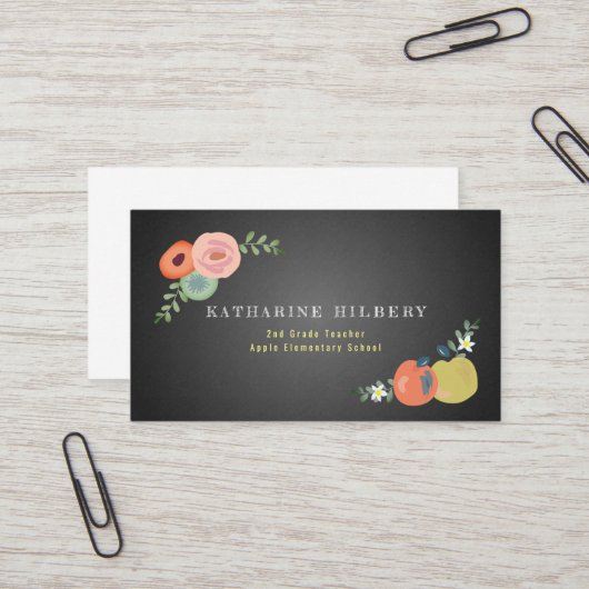 Chalkboard Floral Rose Apple Teacher Business Card Visitenkarte (Vorderseite/Rückseite Beispiel)