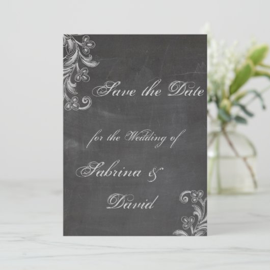 Chalkboard Floral Save the Date (Stehend Vorderseite)