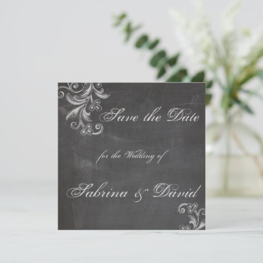 Chalkboard Floral Save the Date (Stehend Vorderseite)