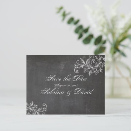 Chalkboard Floral Save the Date Postkarte (Stehend Vorderseite)