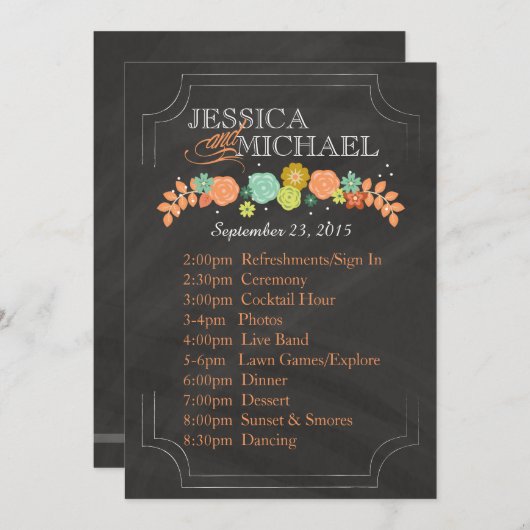 Chalkboard Floral Wedding Program ITINERARY CARD Programm (Vorne/Hinten)