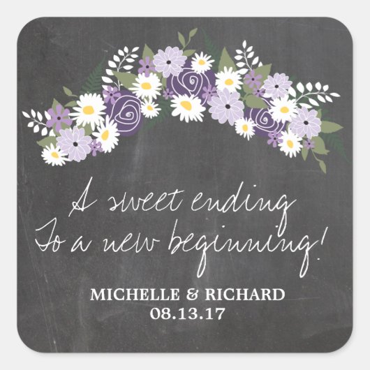 Chalkboard Floral Wreath Wedding Quadratischer Aufkleber (Vorderseite)