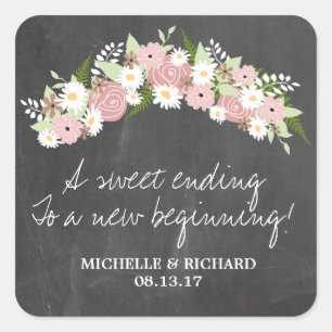 Chalkboard Floral Wreath Wedding Quadratischer Aufkleber