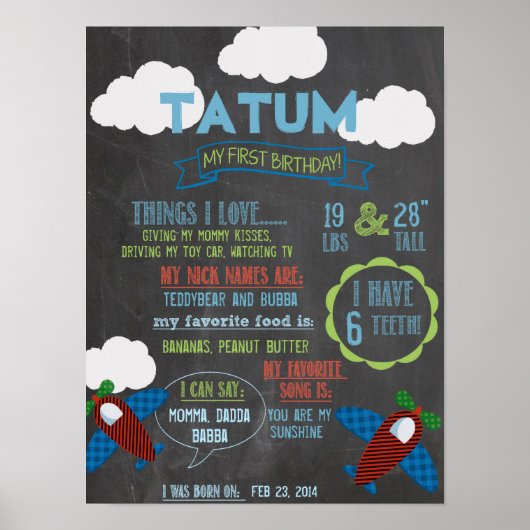Chalkboard Flugzeug Party personalisiert 1 Jahr Po Poster (Vorne)