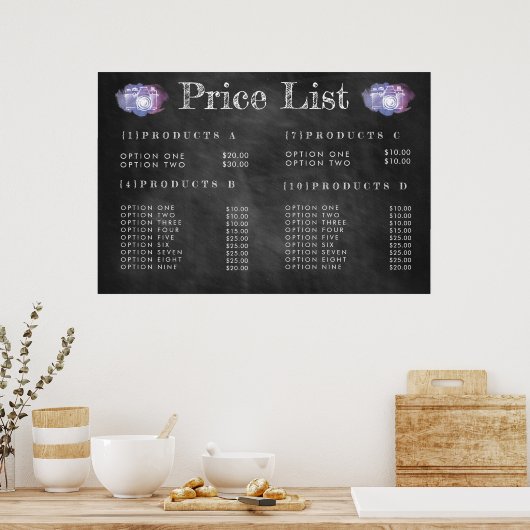 Chalkboard Fotografen Preis Menü Print Poster (Küche)