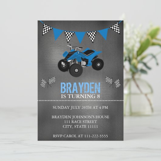 Chalkboard Four Wheeler, ATV Einladung zum Geburts (Stehend Vorderseite)