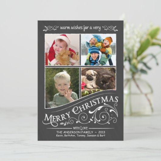Chalkboard Frohe Weihnachten 4-Foto Flat Card (Stehend Vorderseite)
