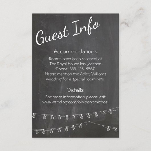 Chalkboard Gastinformationen mit Lichtern Begleitkarte (Vorderseite)