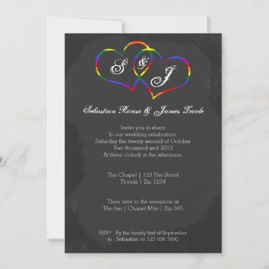 Chalkboard Gay Pride Rainbow Heart Doodle Wedding Einladung (Vorderseite)