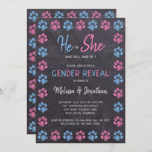 Chalkboard Gender Reveal Paw Prints Blue Pink Einladung (Vorne/Hinten)