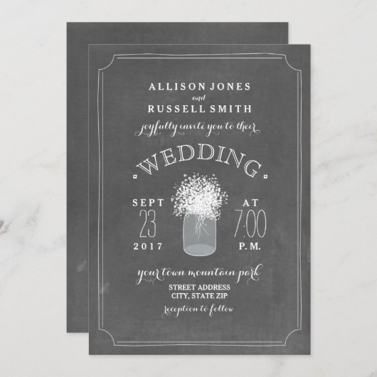 Chalkboard & Gipskraut Mason Jar Wedding Einladung (Vorne/Hinten)