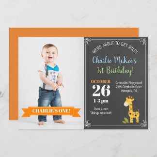 Chalkboard Giraffe Trendy Birthday Foto Einladung