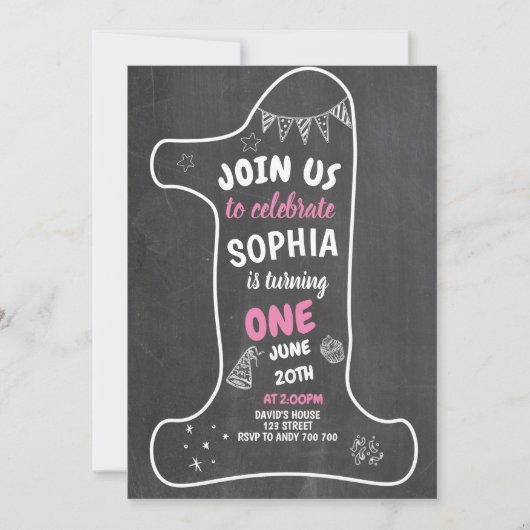 Chalkboard Girl 1. Geburtstag Chalk Nummer 1 Einladung (Vorderseite)