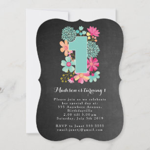 Chalkboard Girls Floral 1. Geburtstag Party Einlad Einladung